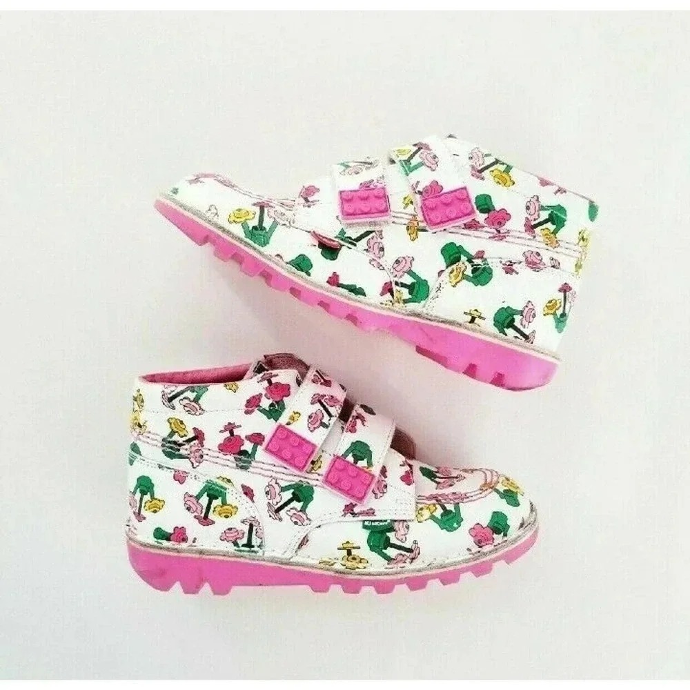 Kickers Kick Hi Lego Ankle Boots Kids US 2.5 White Pink Floral Good 2009 Rare